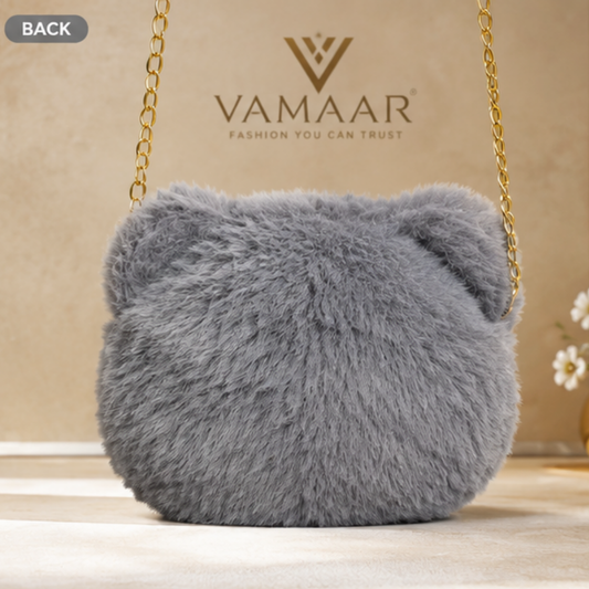 Cute Teddy Bear Plush Crossbody Sling Bag for Girls & Women | Soft Fur Shoulder Bag with Chain Strap | Grey