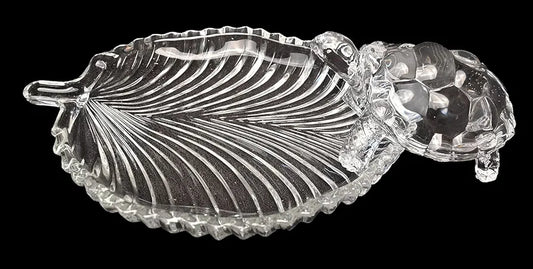 Glass Turtle with Leaf-Shaped Glass Plate | Good Luck & Prosperity Showpiece for Home, Office & Gifting | Decorative Vastu Tortoise