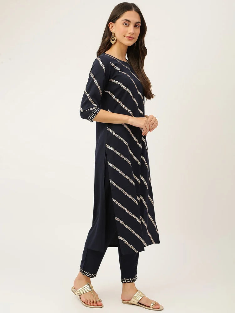 Kurti Pant Set Foil Print, Hand Wash