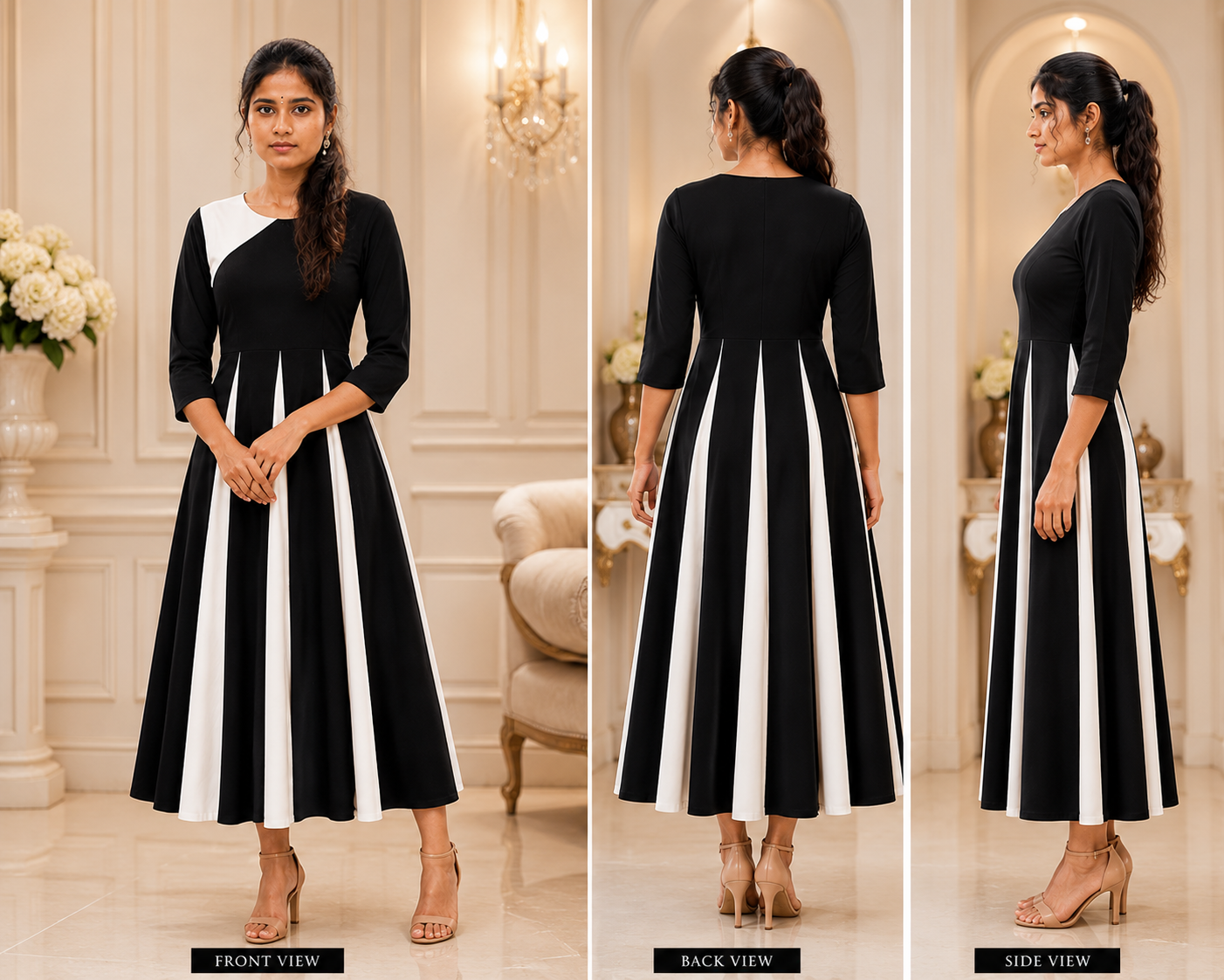 Women's Premium Black & White Color Block A-Line Maxi Dress | Elegant Casual & Party Wear
