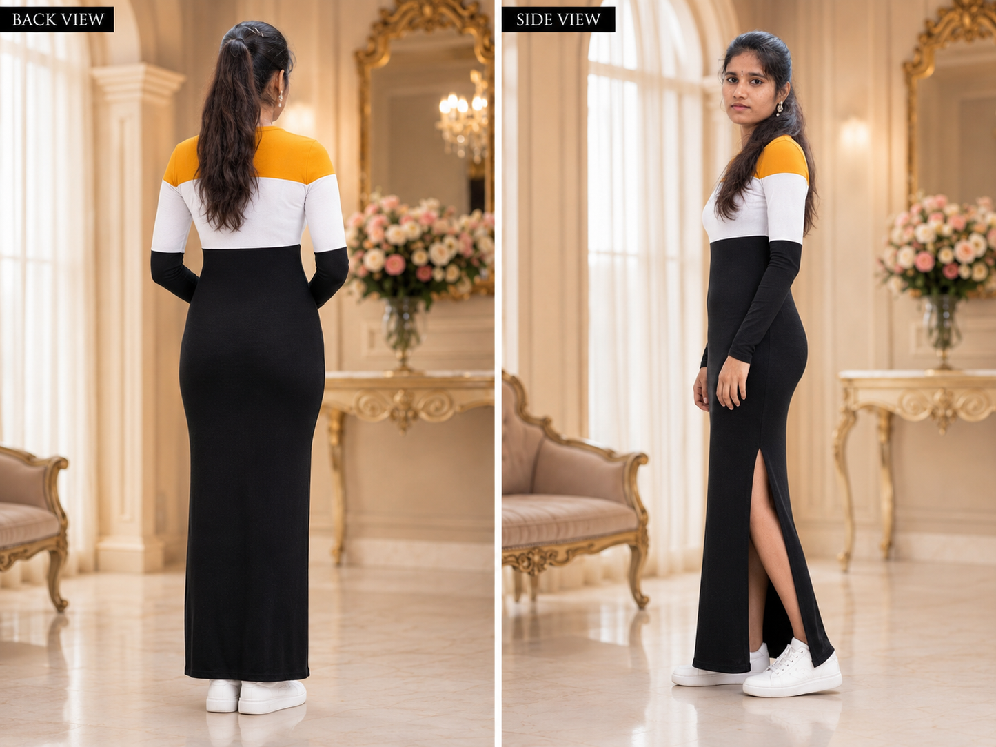 Women's Premium Color Block Bodycon Maxi Dress | Full Sleeve Elegant Casual Party Wear