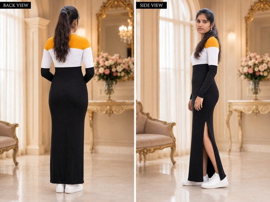 Women's Premium Color Block Bodycon Maxi Dress | Full Sleeve Elegant Casual Party Wear