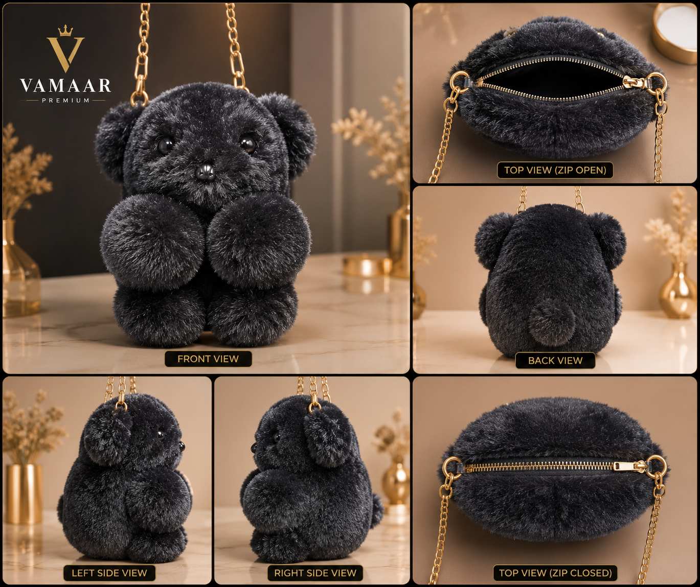 Cute Rabbit Plush Crossbody Sling Bag for Girls & Women | Soft Faux Fur Bunny Shoulder Bag | Premium Chain Strap | Black