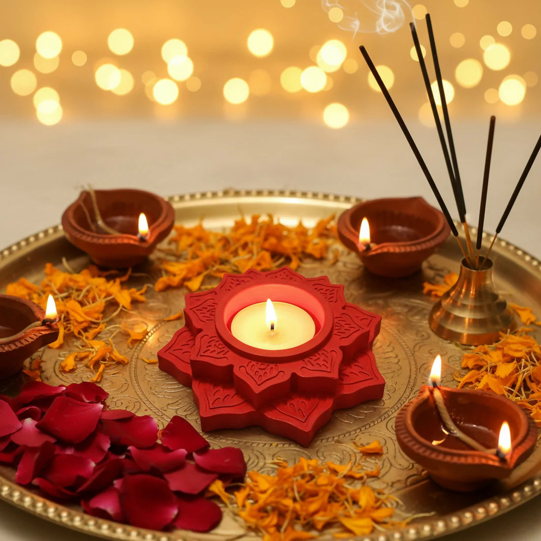 Lotus Shape Decorative Diya ,Candle Holder - Rose Gold