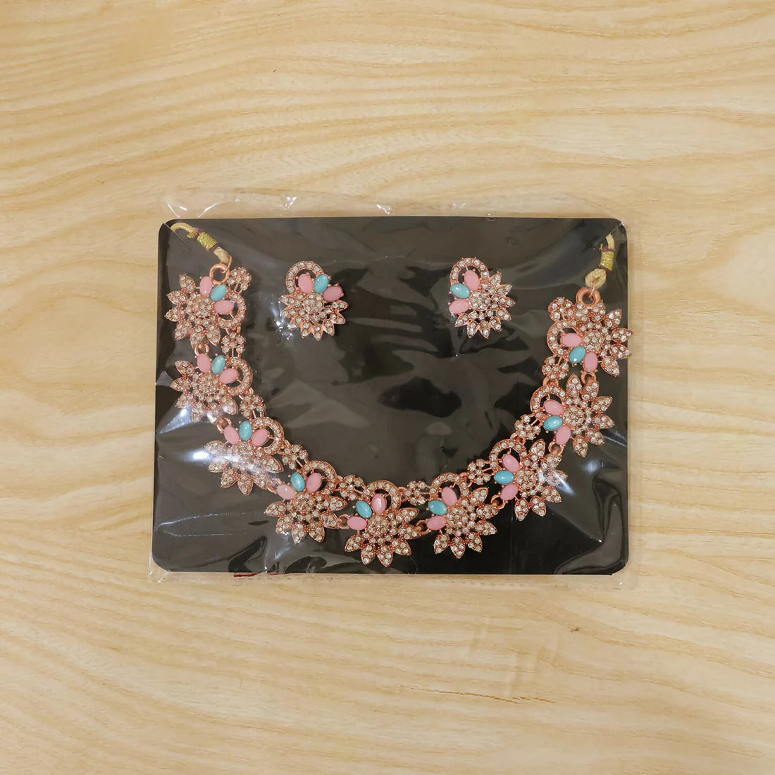 Hot Pink And Blue Stones Necklace & Earrings Set With Gold Plating