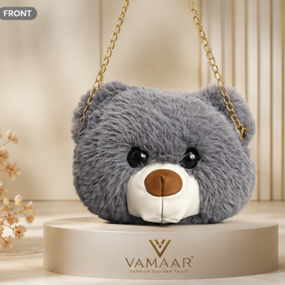 Cute Teddy Bear Plush Crossbody Sling Bag for Girls & Women | Soft Fur Shoulder Bag with Chain Strap | Grey