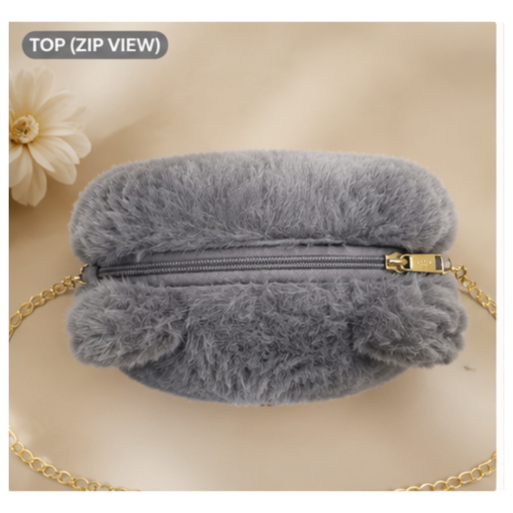 Cute Teddy Bear Plush Crossbody Sling Bag for Girls & Women | Soft Fur Shoulder Bag with Chain Strap | Grey