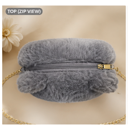 Cute Teddy Bear Plush Crossbody Sling Bag for Girls & Women | Soft Fur Shoulder Bag with Chain Strap | Grey
