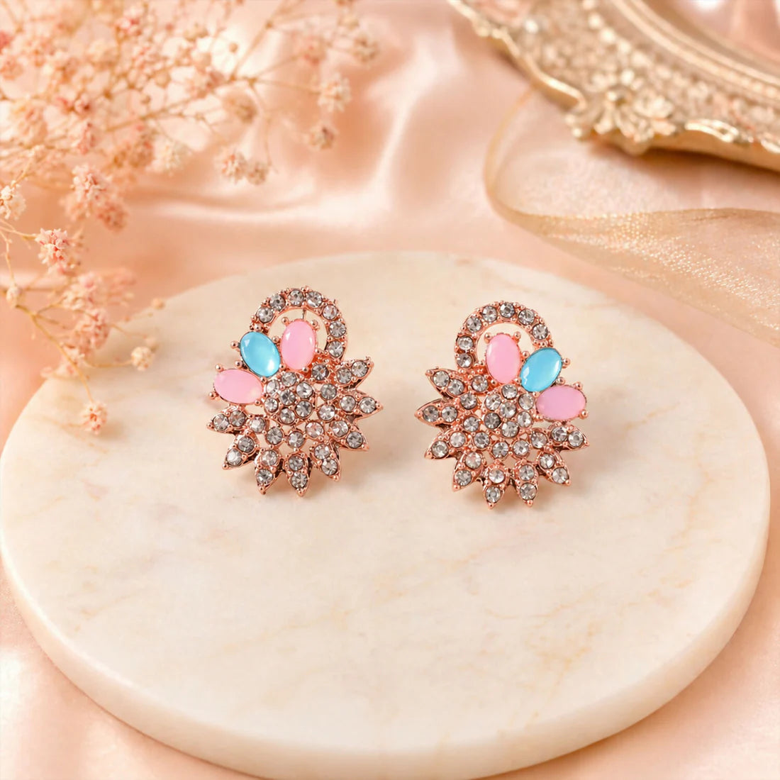 Hot Pink And Blue Stones Necklace & Earrings Set With Gold Plating