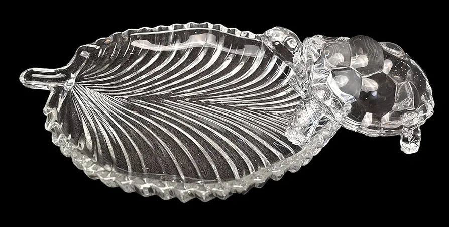 Glass Turtle with Leaf-Shaped Glass Plate | Good Luck & Prosperity Showpiece for Home, Office & Gifting | Decorative Vastu Tortoise