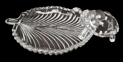 Glass Turtle with Leaf-Shaped Glass Plate | Good Luck & Prosperity Showpiece for Home, Office & Gifting | Decorative Vastu Tortoise