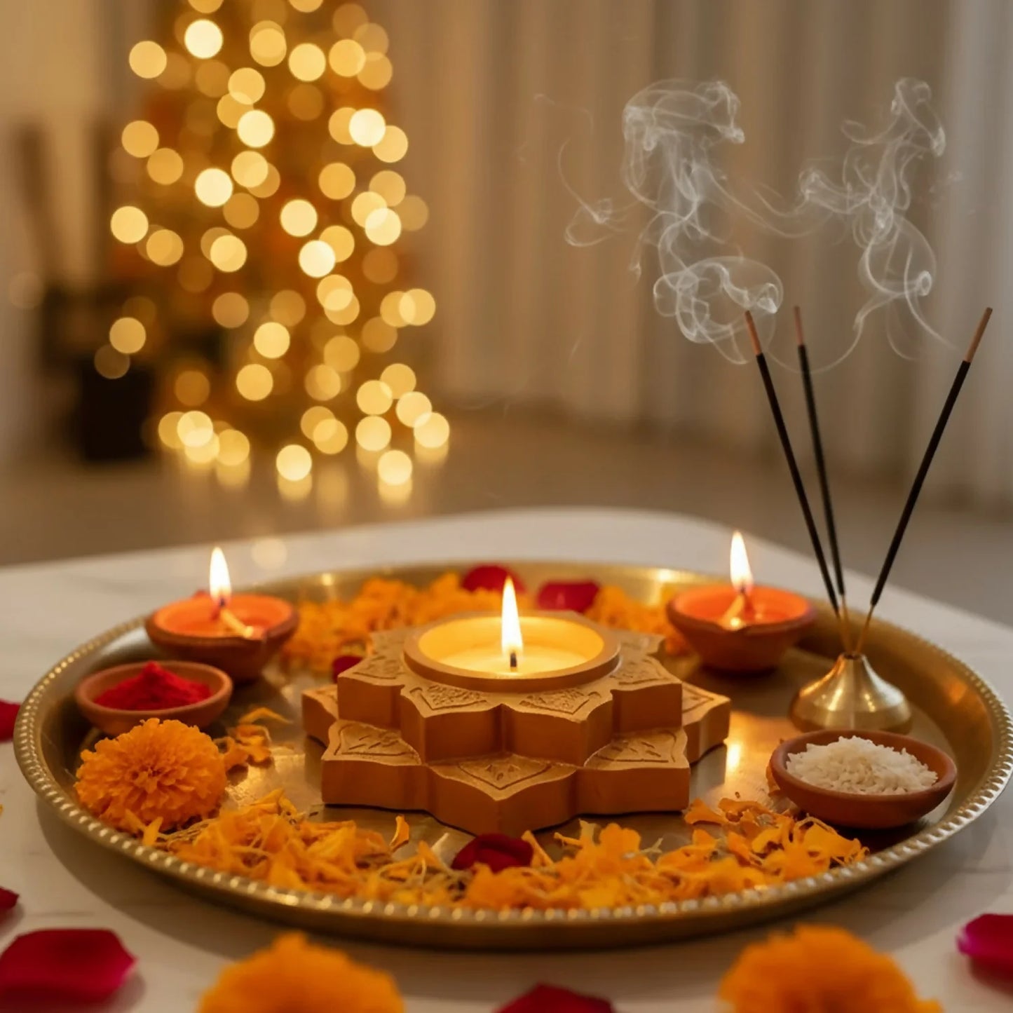 Lotus Shape Decorative Diya ,Candle Holder - Rose Gold