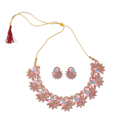 Hot Pink And Blue Stones Necklace & Earrings Set With Gold Plating