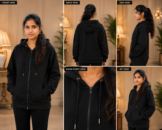 Women's Premium Solid Black Zip-Up Hoodie | Full Sleeve Winter Sweatshirt with Hood & Pockets