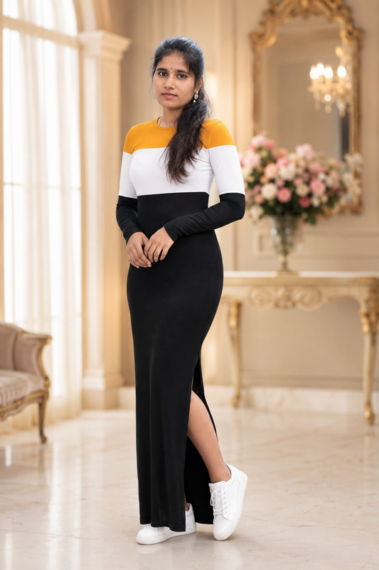 Women's Premium Color Block Bodycon Maxi Dress | Full Sleeve Elegant Casual Party Wear