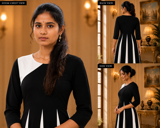 Women's Premium Black & White Color Block A-Line Maxi Dress | Elegant Casual & Party Wear