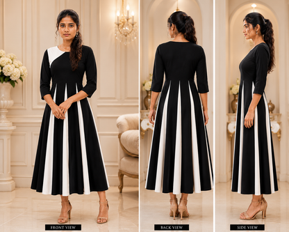 Women's Premium Black & White Color Block A-Line Maxi Dress | Elegant Casual & Party Wear