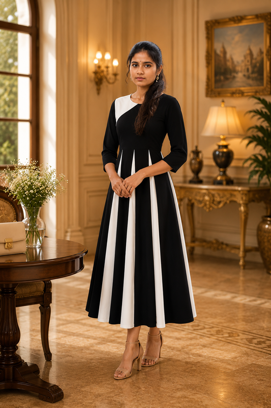 Women's Premium Black & White Color Block A-Line Maxi Dress | Elegant Casual & Party Wear