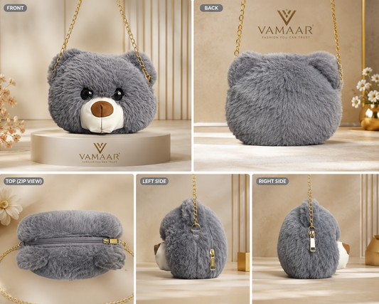 Cute Teddy Bear Plush Crossbody Sling Bag for Girls & Women | Soft Fur Shoulder Bag with Chain Strap | Grey
