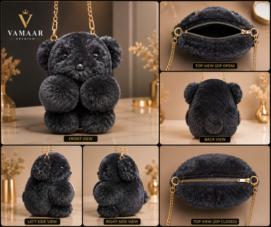 Cute Rabbit Plush Crossbody Sling Bag for Girls & Women | Soft Faux Fur Bunny Shoulder Bag | Premium Chain Strap | Black