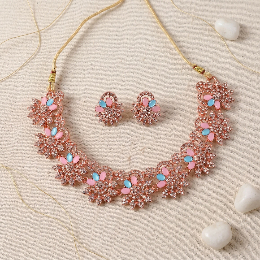 Hot Pink And Blue Stones Necklace & Earrings Set With Gold Plating