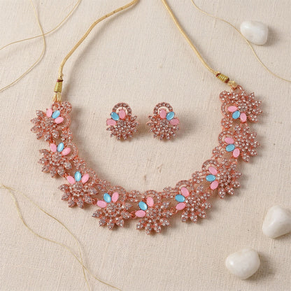 Hot Pink And Blue Stones Necklace & Earrings Set With Gold Plating