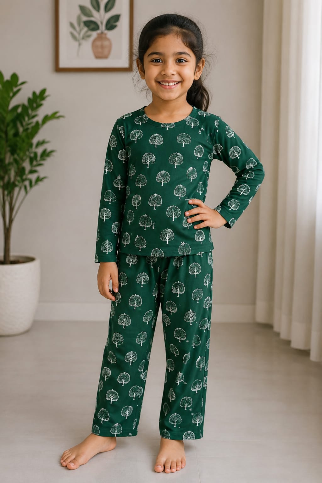 Premium Cotton Night Suit – Deep Green Tree Print Full Sleeve Top & Pajama Set