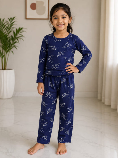 Premium Cotton Night Suit – Deep Green Tree Print Full Sleeve Top & Pajama Set