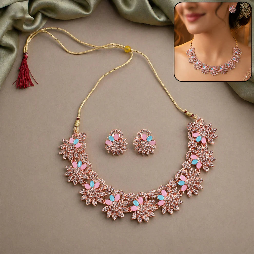Hot Pink And Blue Stones Necklace & Earrings Set With Gold Plating