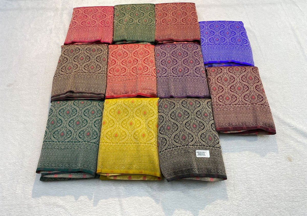 VAMAAR Premium Broket Crush Chinon Meenakari Saree – Antique Zari & Rich Pallu