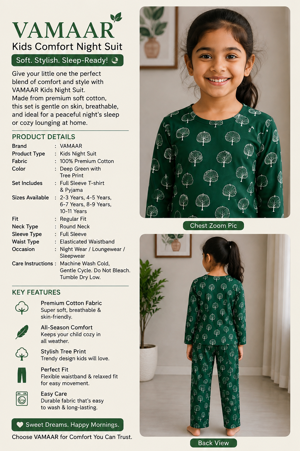 Premium Cotton Night Suit – Deep Green Tree Print Full Sleeve Top & Pajama Set