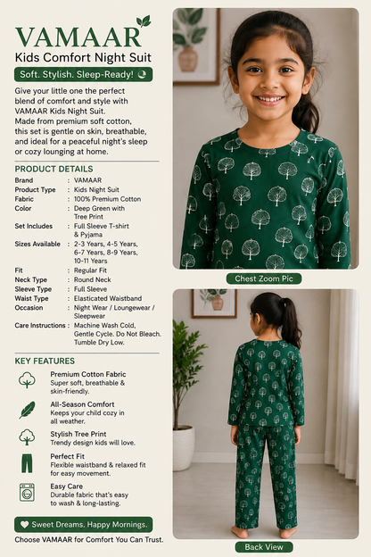 Premium Cotton Night Suit – Deep Green Tree Print Full Sleeve Top & Pajama Set