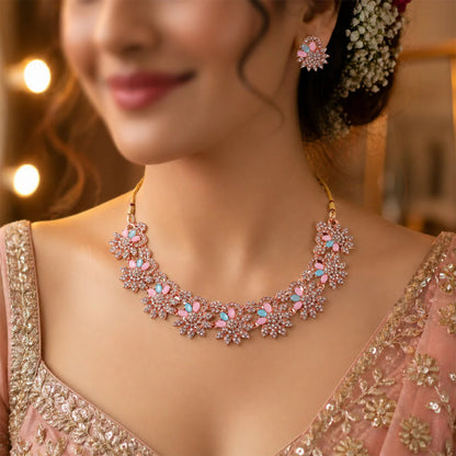 Hot Pink And Blue Stones Necklace & Earrings Set With Gold Plating