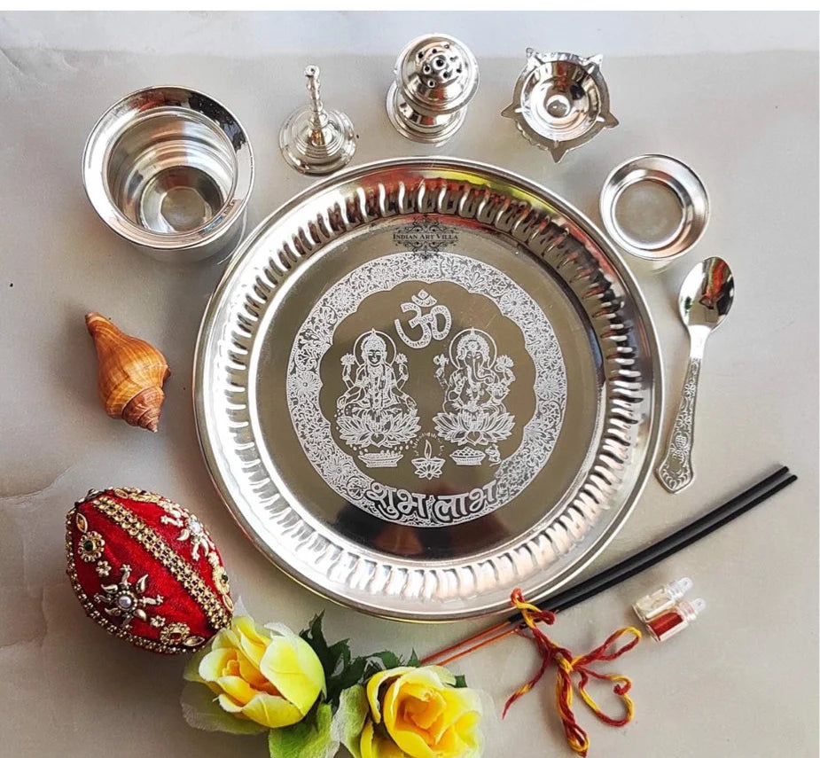 Silver Gani International Pooja Thali With Box, 8 Inches